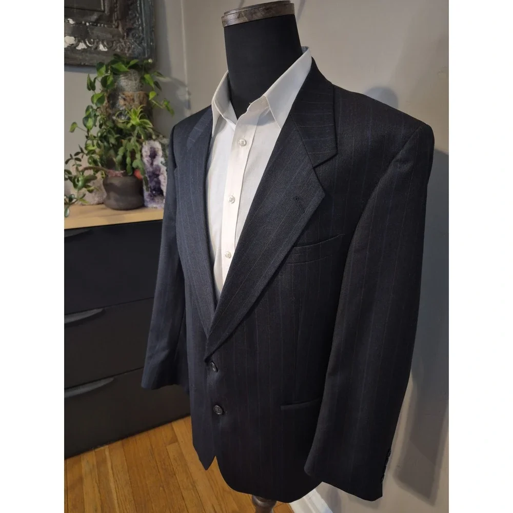 Vtg Hart Schaffner Marx Mens 44R Two Button Wool Sports Coat Navy Stripe USA
